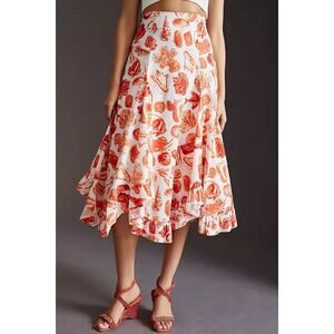 Anthropologie White Midi Skirt with Orange Shell Print